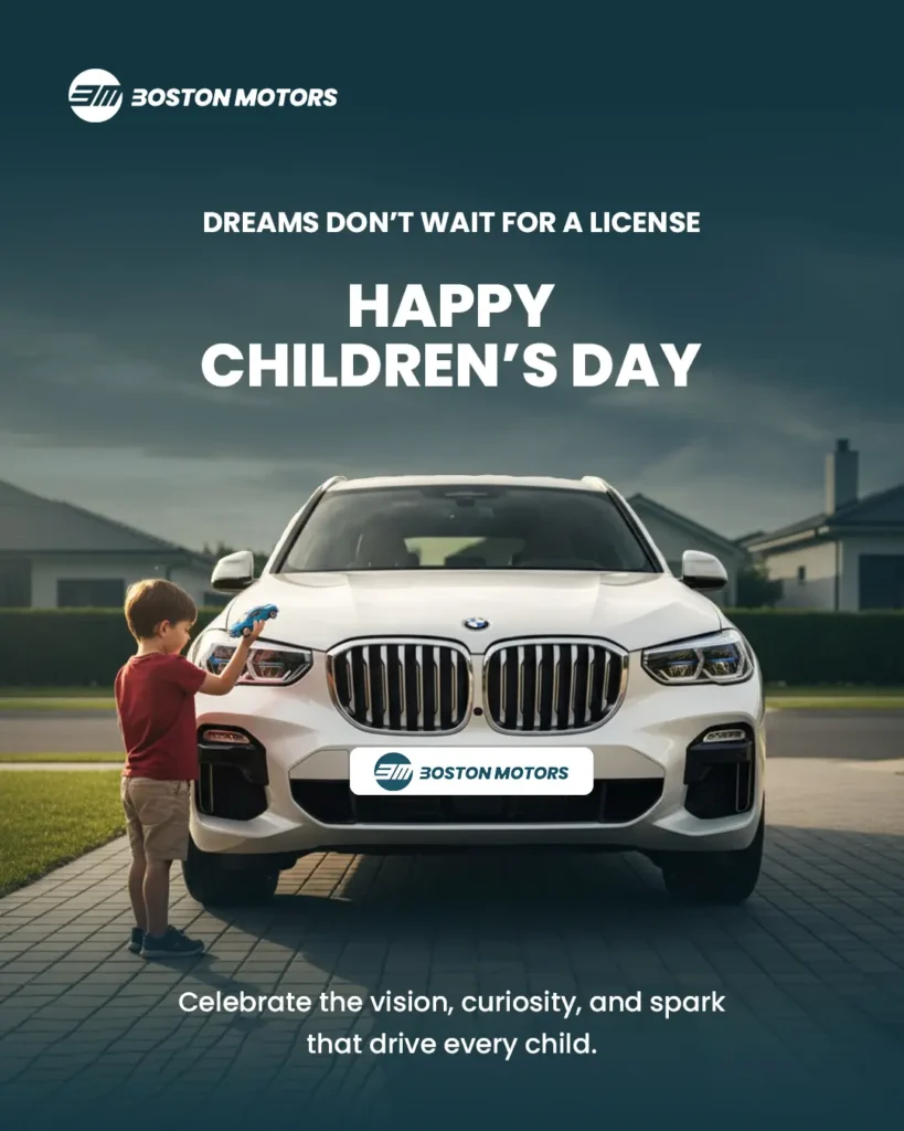 Boston Motors automotive brand identity showing family walking on rural road at sunset, designed by digital marketing agency in Calicut